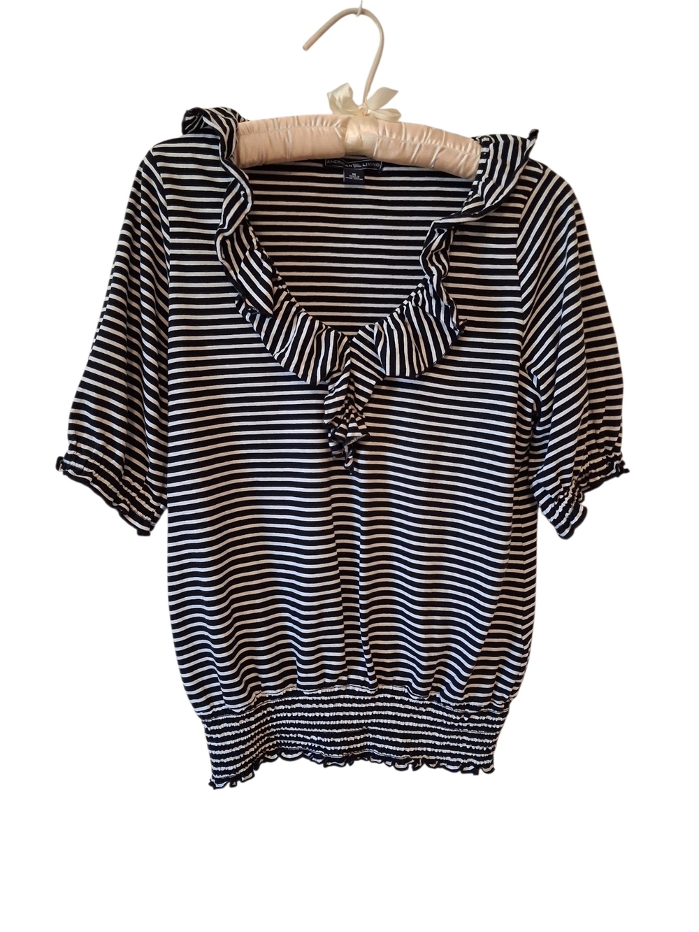 American Living Striped Ruffle Neck Short Sleeve V-neck Top - Black & White Med
